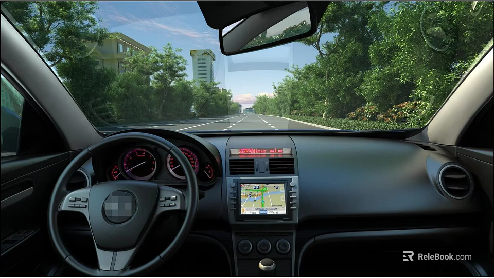 Car Interior With Steering Wheel Dashboard Navigation Screen And Road View Through Windshield 3d model 