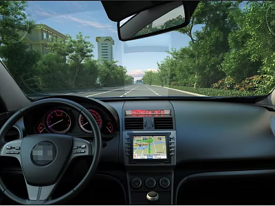 Car Interior With Steering Wheel Dashboard Navigation Screen And Road View Through Windshield 3d model