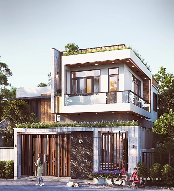 Modern Detached Villa With Green Roof Balcony Wooden Gate And Surrounding Trees 3d model 
