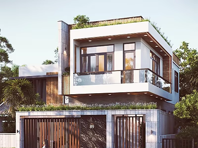 Modern Detached Villa With Green Roof Balcony Wooden Gate And Surrounding Trees 3d model