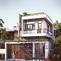 Modern Detached Villa With Green Roof Balcony Wooden Gate And Surrounding Trees