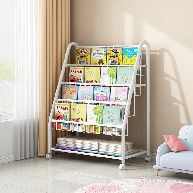 Mobile Multi Tiered White Bookcase With Colorful Children's Books In Cozy Bright Room 3d model 
