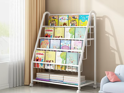Mobile Multi Tiered White Bookcase With Colorful Children's Books In Cozy Bright Room 3d model