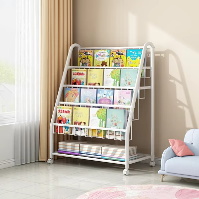 Mobile Multi Tiered White Bookcase With Colorful Children's Books In Cozy Bright Room 3d model