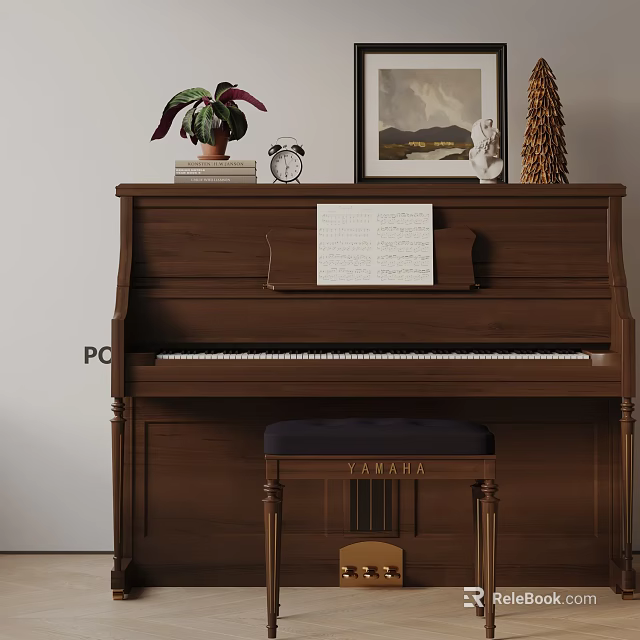 Brown Yamaha Piano With Music Sheet Painting Sculpture And Decorative Items On Top 3d model 