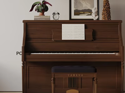 Brown Yamaha Piano With Music Sheet Painting Sculpture And Decorative Items On Top 3d model