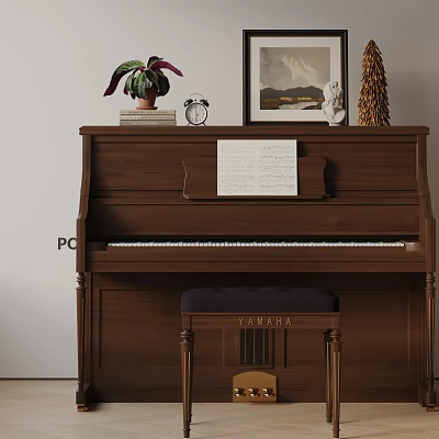 Brown Yamaha Piano With Music Sheet Painting Sculpture And Decorative Items On Top 3d model