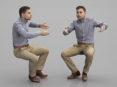 Two Men in Blue Shirts Khaki Pants Brown Shoes Gesturing With Hands Against Gray Background 3d model