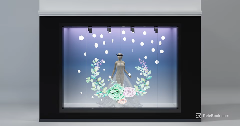 Window Display Elegant Wedding Dress Mannequin With Green Floral Decor And White Polka Dot Lights 3d model 