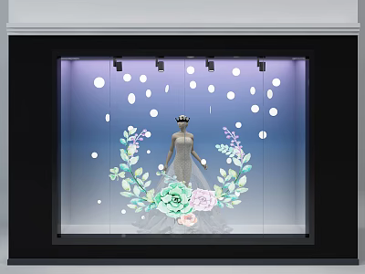 Window Display Elegant Wedding Dress Mannequin With Green Floral Decor And White Polka Dot Lights 3d model