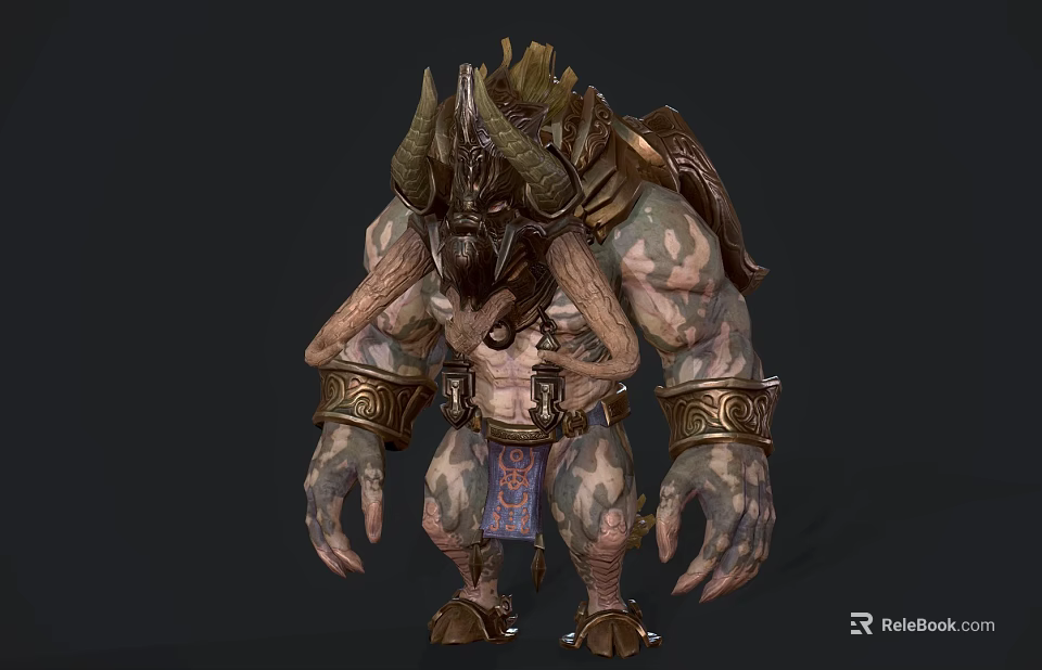 Horned Muscular Fantasy Game Monster Character With Leather Armor And Metal Decorations 3d model 