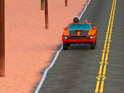Orange Sports Car Driving On Road With Yellow Double Solid Lines And Sandy Ground Poles 3d model
