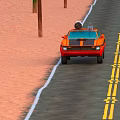 Orange Sports Car Driving On Road With Yellow Double Solid Lines And Sandy Ground Poles