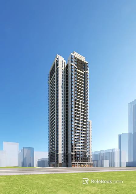 Modern High Rise Residential Building Exterior With Glass Curtain Walls And Balconies Against Blue Sky 3d model 