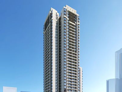 Modern High Rise Residential Building Exterior With Glass Curtain Walls And Balconies Against Blue Sky 3d model