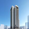 Modern High Rise Residential Building Exterior With Glass Curtain Walls And Balconies Against Blue Sky