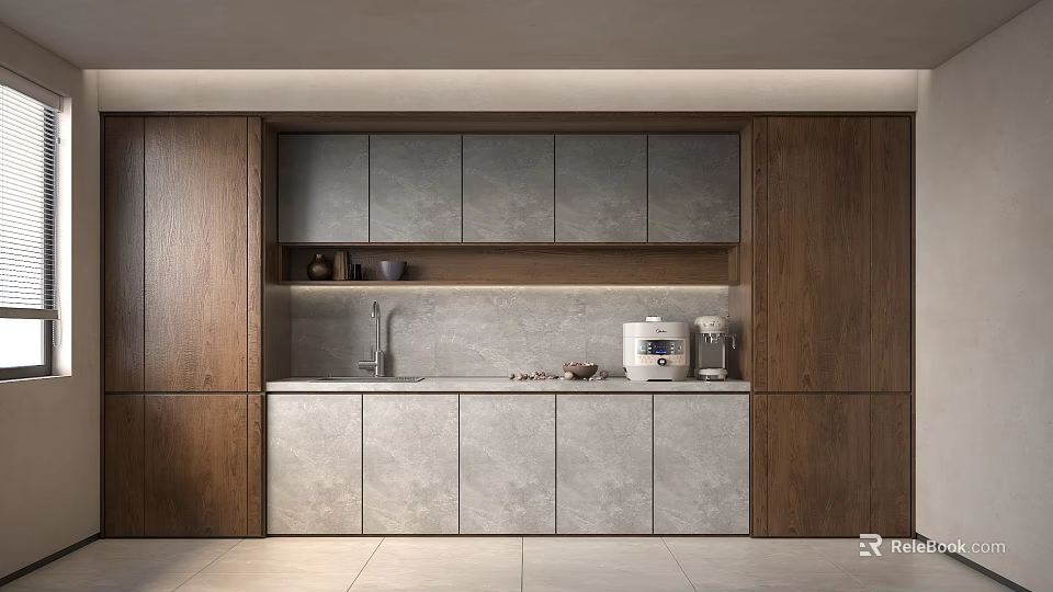 Modern Bar Counter Area With Wooden Cabinets Grey Countertop And Coffee Machine 3d model 
