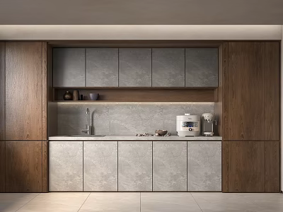 Modern Bar Counter Area With Wooden Cabinets Grey Countertop And Coffee Machine 3d model