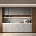 Modern Bar Counter Area With Wooden Cabinets Grey Countertop And Coffee Machine