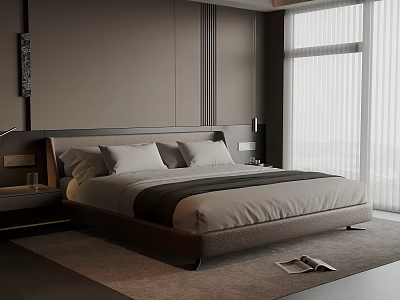 Modern Minimalist Bedroom Interior With Neutral Bedding And Large Window Blinds 3d model