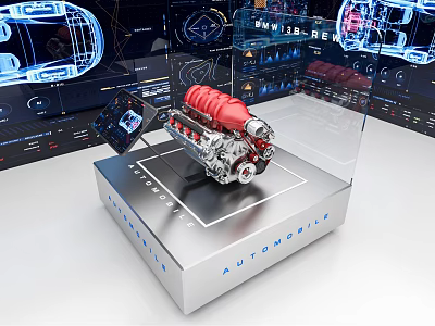 Red Automotive Engine Showcased In Transparent Case With Digital Screens And Car Blueprints 3d model