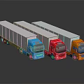Three Colored Cargo Trucks With White Trailers On Black Reflective Surface