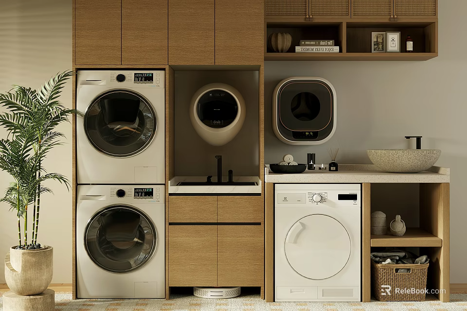 Modern Kitchen Interior With Stacked Washing Machine Dryer And Wooden Cabinets 3d model 