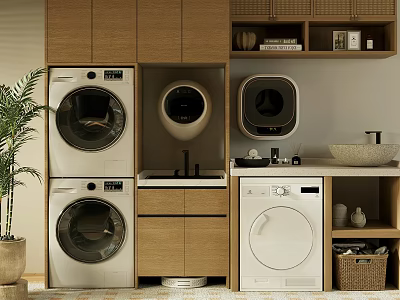 Modern Kitchen Interior With Stacked Washing Machine Dryer And Wooden Cabinets 3d model