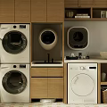 Modern Kitchen Interior With Stacked Washing Machine Dryer And Wooden Cabinets