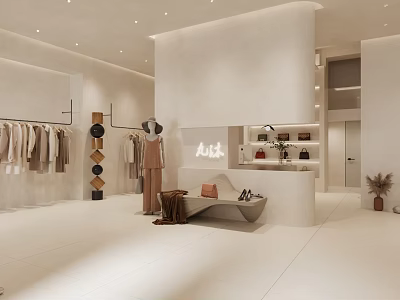Minimalist Beige Tone Modern Clothing Store Interior With Neat Clothes Mannequin And Accessories 3d model