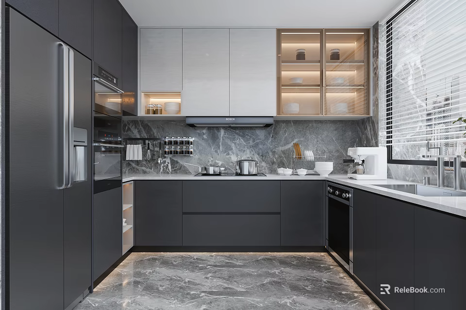 Modern Two Tone Kitchen With Marble Backsplash LED Lights And Built In Appliances 3d model 