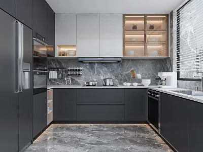 Modern Two Tone Kitchen With Marble Backsplash LED Lights And Built In Appliances 3d model