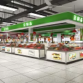 Supermarket Fresh Produce Section With Vegetable Fruit Displays And Red Pendant Lights
