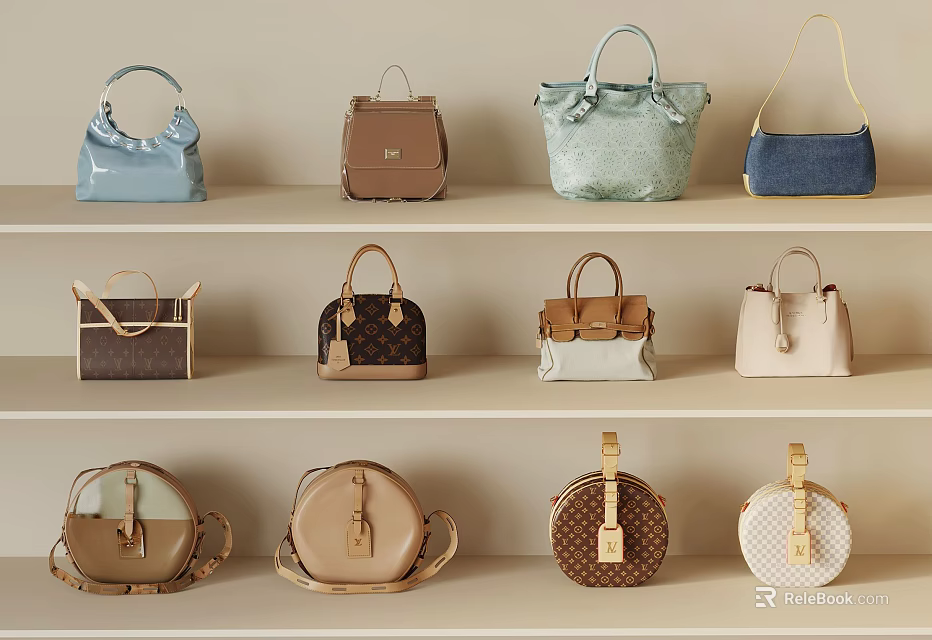 Various Styles And Colors Of Fashionable Handbags Displayed On Shelves 3d model 
