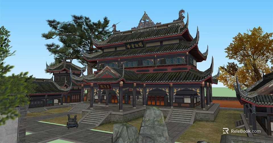 Traditional Ancient Chinese Architecture With Curved Eaves Tiled Roof And Courtyard 3d model 
