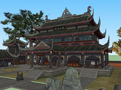 Traditional Ancient Chinese Architecture With Curved Eaves Tiled Roof And Courtyard 3d model