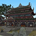 Traditional Ancient Chinese Architecture With Curved Eaves Tiled Roof And Courtyard