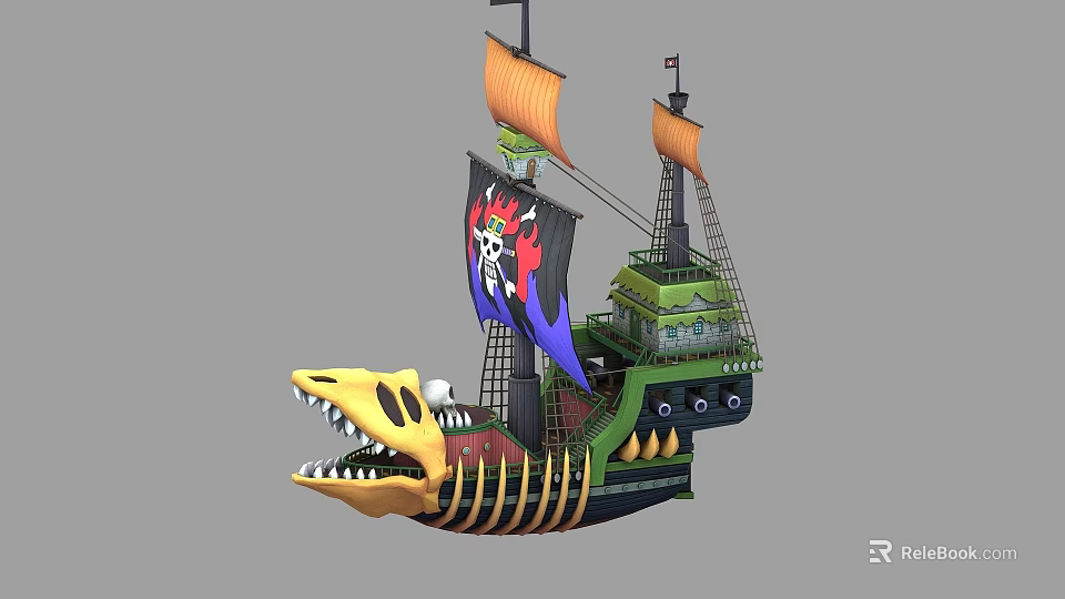 Cartoon Style Wooden Pirate Ship With Crocodile Head Bow And Skull Flag 3d model 
