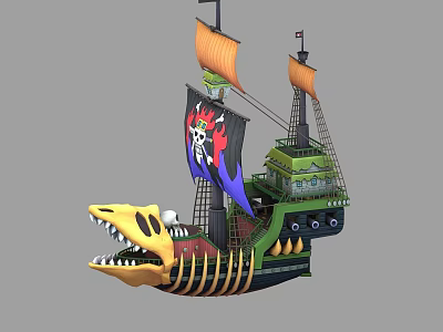 Cartoon Style Wooden Pirate Ship With Crocodile Head Bow And Skull Flag 3d model