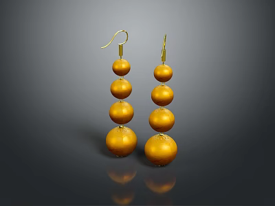 Elegant Golden Earrings Design With Multiple Spherical Pendants And Shiny Finish 3d model