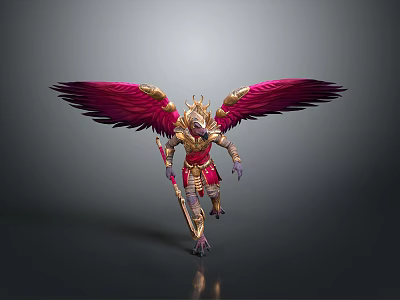 Mythical Armored Warrior And Winged Creature With Red Gold Armor Vibrant Wings And Weapon 3d model