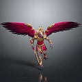 Mythical Armored Warrior And Winged Creature With Red Gold Armor Vibrant Wings And Weapon