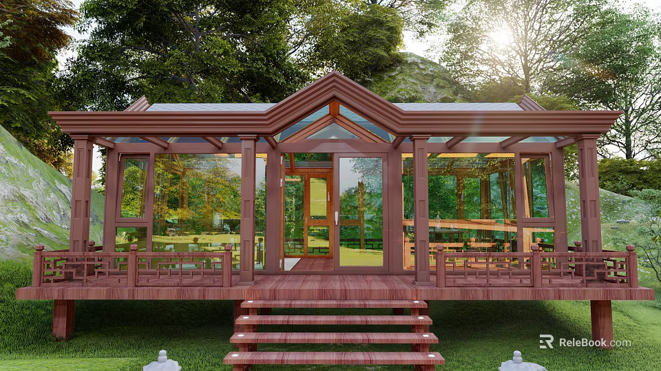 Wooden Sunroom With Glass Walls Sunlight Steps And Surrounding Trees In Garden 3d model 