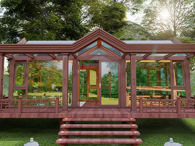 Wooden Sunroom With Glass Walls Sunlight Steps And Surrounding Trees In Garden 3d model