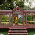 Wooden Sunroom With Glass Walls Sunlight Steps And Surrounding Trees In Garden