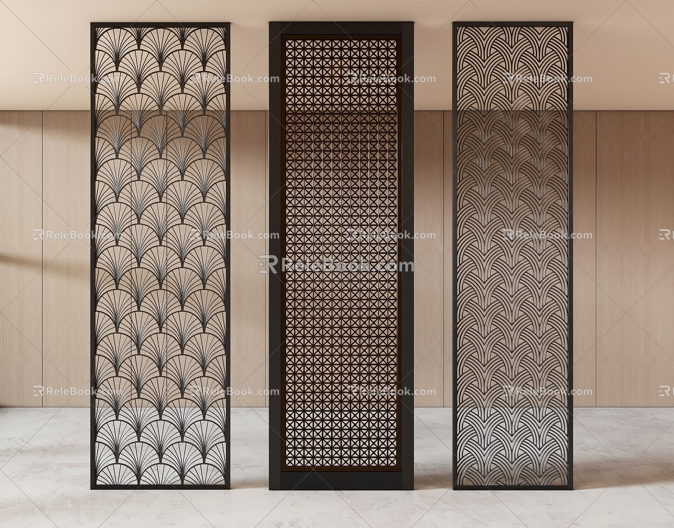 New Chinese-style Entrance Stainless Steel Metal Partition Screen Flower Lattice Carved 3d model