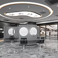 Modern Hair Salon Interior With Black Styling Chairs Mirrors Marble Floor And Round Ceiling