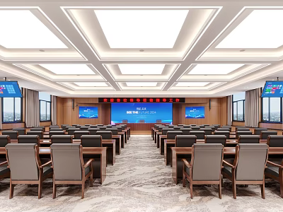 Spacious Modern Conference Room With Arranged Tables Chairs Large Screens And Ceiling Lighting 3d model