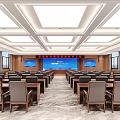 Spacious Modern Conference Room With Arranged Tables Chairs Large Screens And Ceiling Lighting