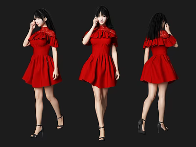 Woman in Red Dress with Lace Details Black Long Hair and High Heels 3d model